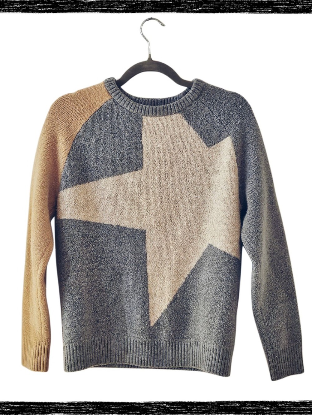 Women's THML Colorblock Graphic Star Pullover Knit Sweater Size S Grey Tan